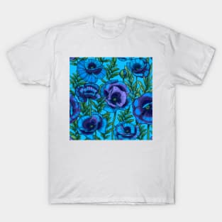 blue poppies flowers and leaves T-Shirt